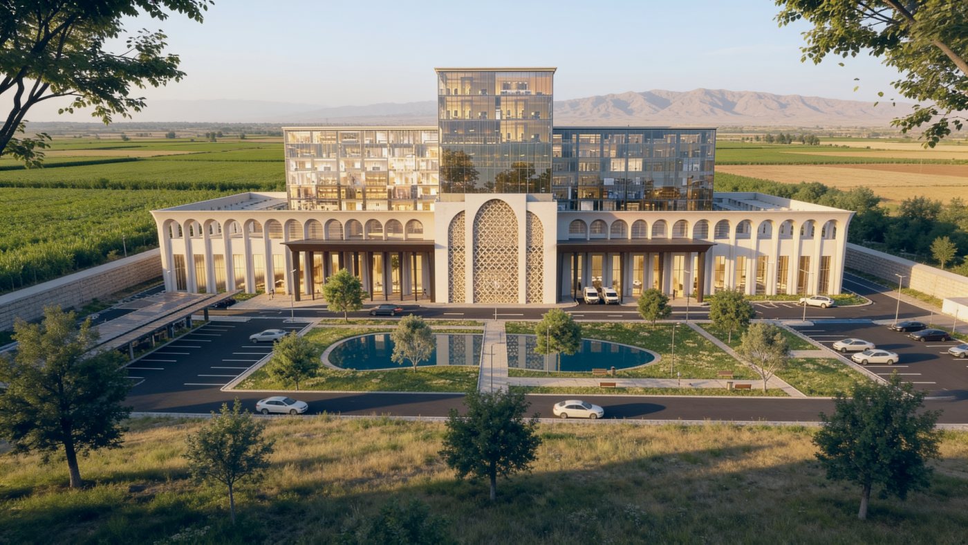 Illustrative view of Fergana International Hospital set in the surrounding farmland